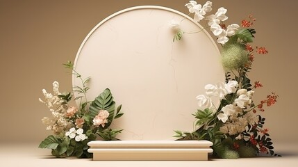Fototapeta na wymiar Podium mockup display for product presentation decorated with flower and plant, generative ai, 