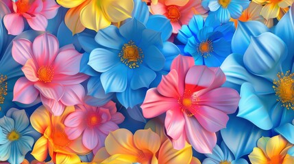 Fototapeta na wymiar Seamless 3D Floral Design with Vivid Vibrant Blue, Vibrant Yellow, and Vibrant Pink Colors