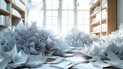 Stacks of papers piled high, forming towering mounds of documents.