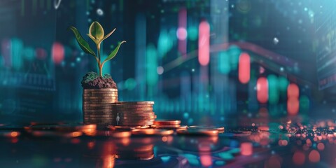 A Stack of Coins with a Small Plant Sprout Growing Out of It, Against an Upward Stock Chart Background