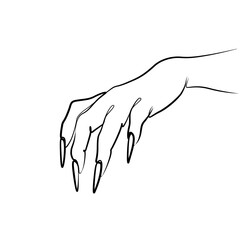 Fashion woman hand with long nails abstract print continuous line drawing, single line on white background, isolated vector black and white illustration.