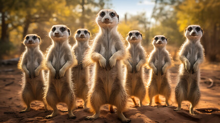 Meerkats standing on hind legs. - obrazy, fototapety, plakaty