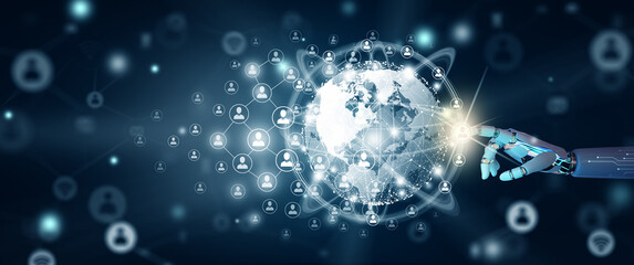 Robot Hand leading global network connection and data exchange with Abstract Background. Communication technology for internet business and social network Concept.