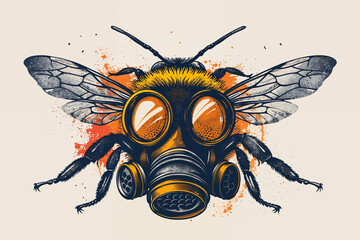Flat vector style illustration. The bee with a gas mask. Isolated background. Generative AI image. - obrazy, fototapety, plakaty