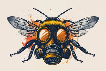 Fotobehang Flat vector style illustration. The bee with a gas mask. Isolated background. Generative AI image. © Mark K. Barry