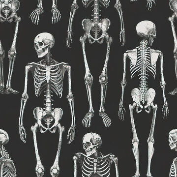 Skeleton vintage anatomy of the human body repeat pattern, dark goth black
