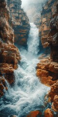 A thunderous waterfall cascading down a rocky cliff, the water churning and spraying in all directions, a testament to the relentless force of nature's voice.