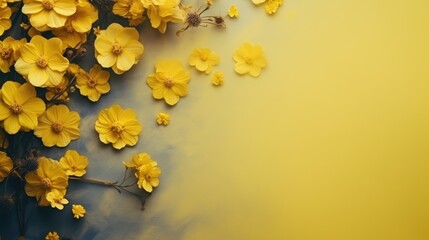 A composition of flowers. Flowers on a yellow background. The concept of spring, summer, top view, space for text.