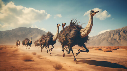 Ostriches running across the desert. - obrazy, fototapety, plakaty