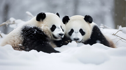 Pandas rolling in the snow.
