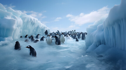 Penguins sliding on ice.