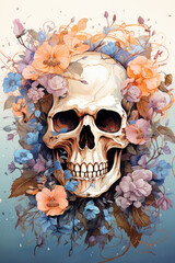 Skeleton skull in flowers in watercolor style