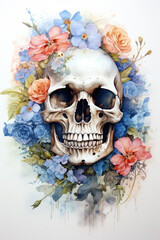 Skeleton skull in flowers in watercolor style