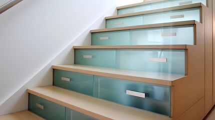 Fototapeta na wymiar Frosted glass-paneled storage drawers beneath staircase steps