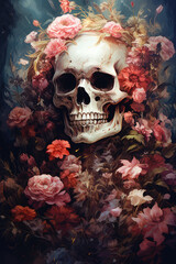 Skull in flowers in watercolor style
