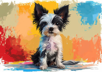 Puppy Poses with Abstract Art Backdrop
Small Chinese Crested puppy sits against a vibrant abstract painted background.