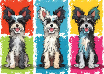 Trio of Puppies in Vivid Hues.
Three Chinese Crested dogs in front of red, yellow, and blue vibrant backgrounds.