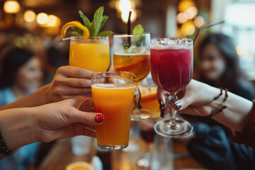 Friends clink their alcoholic cocktail glasses together - carefree young people drink and toast their friendship in the summer. - obrazy, fototapety, plakaty