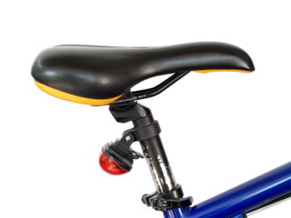 side of leather bicycle seat with warning tail light on old bicycle frame isolated on transparent