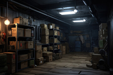 Naklejka premium cardboard boxes on shelves in storage room