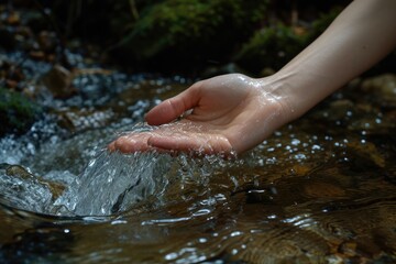 Natural scenery serves as a backdrop to hands adorned with water splashes.