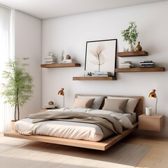 Floating shelves arranged asymmetrically to display minimalist decor in the bedroom