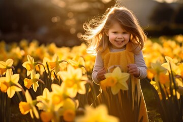 A girl plays in a flower field of daffodils
