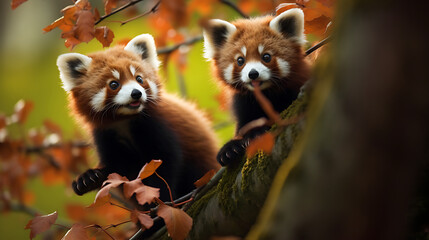 Red pandas playing in the trees.