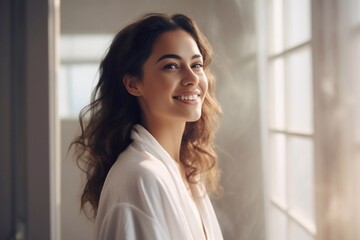 
Beauty Concept. Portrait Of Attractive Happy Woman Looking At Mirror In Bathroom, Beautiful Millennial Lady Wearing White Silk Robe Smiling To Reflection, Enjoying Her Appearance, Selective Focus