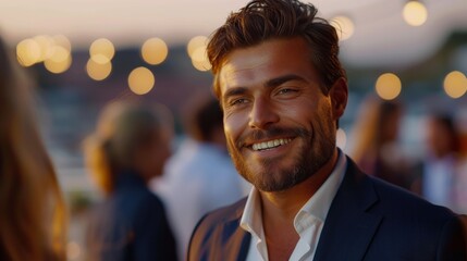 confident handsome businessman with a smile at a social event on a rooftop terrace - obrazy, fototapety, plakaty