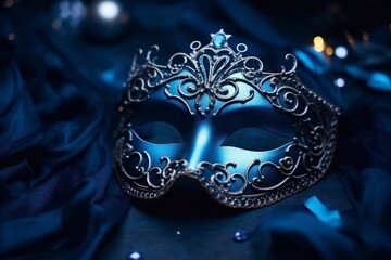Blue carnival masquerade mask in the dark room. New Year. Venetian mask