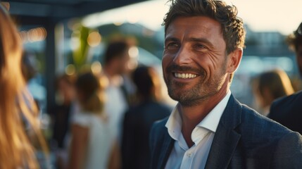 confident handsome businessman with a smile at a social event on a rooftop terrace - obrazy, fototapety, plakaty