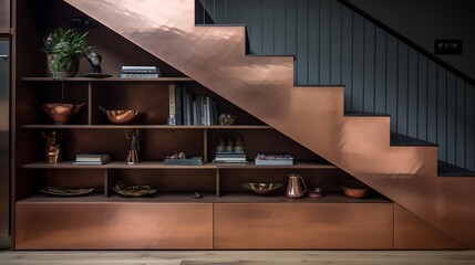 Copper-clad hidden storage drawers beneath staircase steps - obrazy, fototapety, plakaty