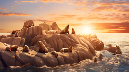 Sea lions sunbathing on rocks. - obrazy, fototapety, plakaty