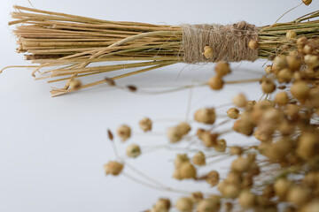 Flax stalks are tied with natural flax fiber. Dry bouquet.