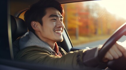 Close-up of a beautiful happy smiling Asian man driving a car against the background of autumn nature. Car purchase and rental, travel and vacation concepts.