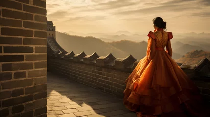 Papier Peint photo autocollant Mur chinois Chinese lady Mandarin gown Sceneric background China Great Wall