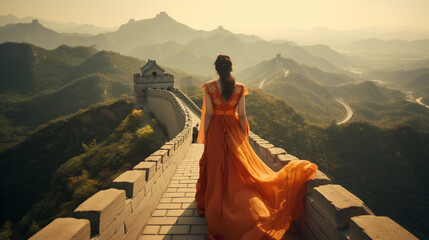Chinese lady Mandarin gown Sceneric background China Great Wall - obrazy, fototapety, plakaty