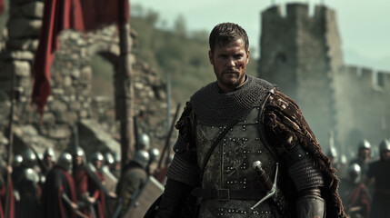 Ein Ritter auf einer Burg in historischem Gewand oder Rüstung