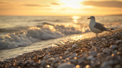 Ein Seevogel oder Meersvogel oder Möve steht am Strand und schaut auf das Meer während die Sonne aufgeht oder untergeht - obrazy, fototapety, plakaty