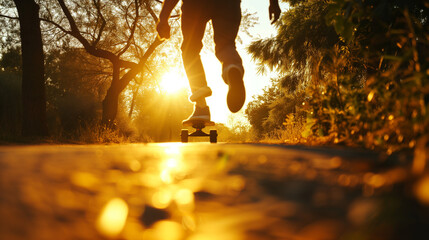Ein Junge oder Mann fährt mit dem Skateboard eine Straße entlang links und rechts sind Baume und es ist Sonnenaufgang oder Sonnenuntergang