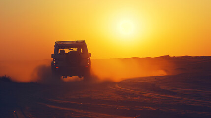 Ein Jeep oder Geländewagen fährt durch die Steppe oder Wüste Offroad in den Sonnenuntergang