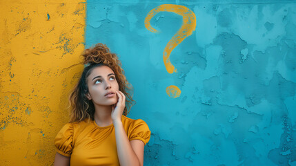 Eine junge Frau steht vor einer gelb und blauen Wand sie überlegt oder denkt nach und sieht ein Fragezeichen an der Wand - obrazy, fototapety, plakaty