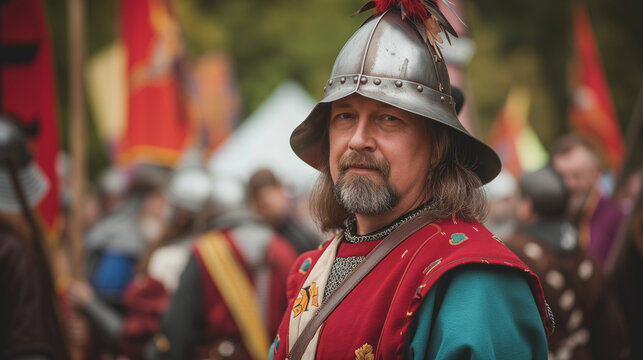 Ein Ritter oder historische Person auf einer Veranstaltung oder mittelalterlichem Fest