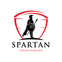 logo for spartan with shield, helmet and spear