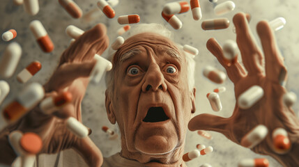 Alter Mann ist überfordert und ängstlich weil er mit Tabletten überschüttet wird und zeigt den Zustand des Gesundheitssystems - obrazy, fototapety, plakaty