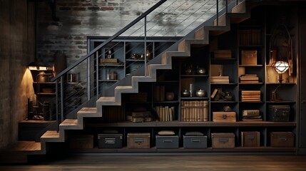 Cast iron-framed hidden storage shelves under stairs with an industrial feel