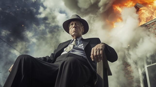 Alter Mann mit Hut und Anzug sitzt in einem Stuhl hinter ihm explodiert ein Haus er ist sehr ruhig