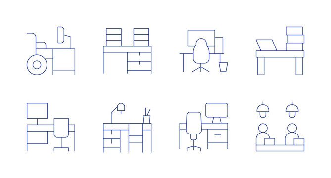 Workspace icons. Editable stroke. Containing workplace, desk, workspace, coworking, office.