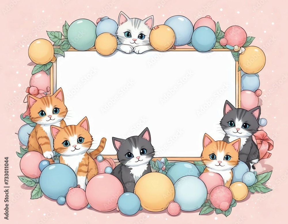 Aufkleber A greeting card with a frame decorated with figures of kittens with colorful balls and a free place to insert text on a pink background